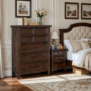 Sunvega Brown Mango Veneer Nightstand with 3 Dovetail Drawers and Dark Bronze Pulls