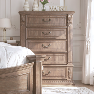 Sunvega Transitional Weathered Oak Finish Chest with Dentil Molding and Carved Details