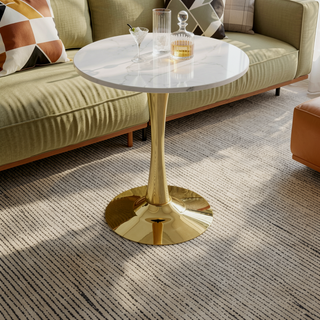 Sunvega Round White Pedestal Side Table with Marble Effect Top for Living Room