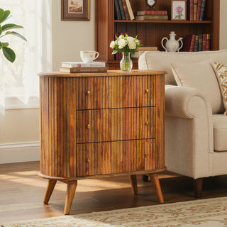 Sunvega Solid Mango Wood Nordic Chest with 3 Drawers and Brass Knobs