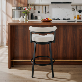 Sunvega Swivel Bar or Counter Stool with White Faux Leather Upholstery in Cloud Finish