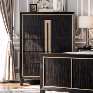 Sunvega Contemporary Espresso Solid Wood 5-Dovetail Drawer Chest with Gold Accent