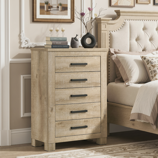 Sunvega Weathered Oak Finish Five-Drawer Chest with Bronze Handles for Bedroom