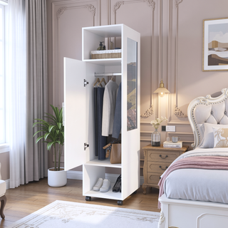 Sunvega Tall Wardrobe Cabinet with Mirror, Shelves, Hanging Rod and Casters for Bedroom