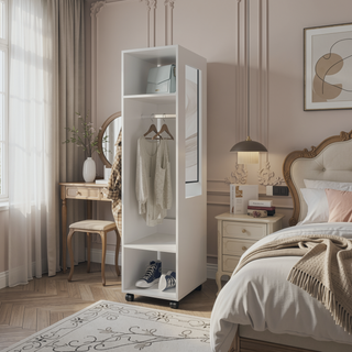 Sunvega White Armoire with Three Shelves Full-Length Mirror and Four Wheels
