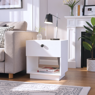 Sunvega White 1-Drawer Nightstand with Large Storage Shelf and Smooth Glide