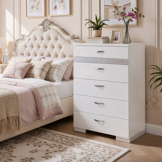 Sunvega White High Gloss Chest with 5 Spacious Drawers and Glittery Accents
