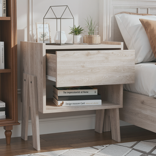 Sunvega Nightstand with Open Shelf and Drawer in Light Gray Finish