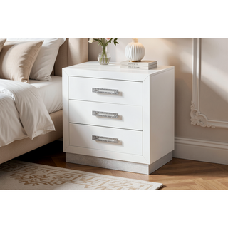 Sunvega Milky White Wood Nightstand with Crystal Bling Diamond Hardware