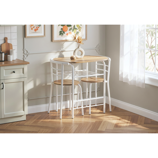 Sunvega Natural Laminate Dining Table Set with White Metal Chairs for Space Saving