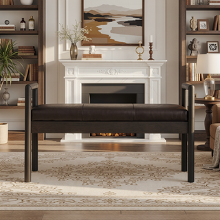 Sunvega Minimalist Solid Wood Gridline Bench with Black Leather Upholstered Frame
