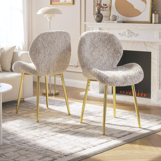 Sunvega Modern Minimalist White Teddy Velvet Dining Chairs Set of 2 with Gold Metal Legs