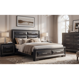 Sunvega Modern Black Wood Veneer Nightstand with Two Drawers for Bedroom