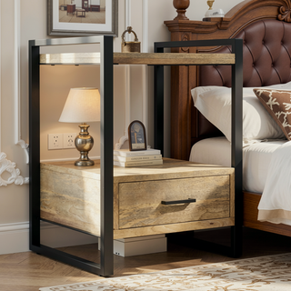 Sunvega Modern Industrial Bedside Table with Spacious Drawer and Metal Frame
