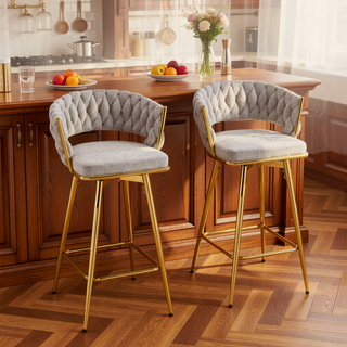 Sunvega 360 Swivel Bar Stools with Cotton Linen Cushions and Electroplated Metal Frame