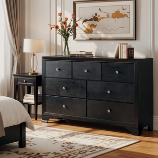 Sunvega Glamorous Seven Drawer Wooden Dresser with Crystal Knobs and Bracket Feet