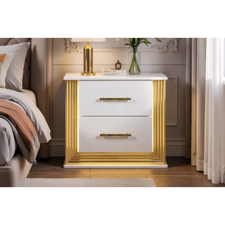 Sunvega Contemporary Gold Finish Nightstand with Two Drawers and LED Lights