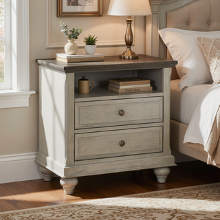 Sunvega Light Gray Nightstand with Dark Brown Top and 2 Dovetail Drawers