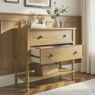 Sunvega Solid Wood 2 Drawer Accent Chest with Turned Legs in Camel Oak Finish
