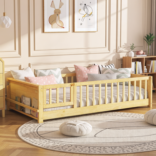 Sunvega Twin Size Floor Bed with Built-in Book Rack and Revolving Door for Kids