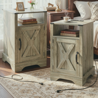 Sunvega White & Oak Farmhouse Nightstand with Electrical Outlets Charging Station and Storage