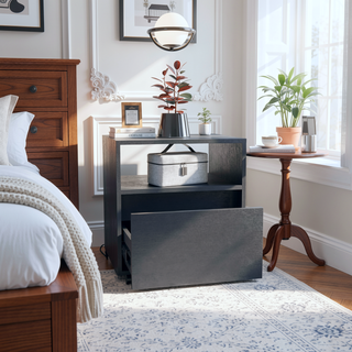 Sunvega Modern White Nightstand with Drawer and Casters for Bedroom Living Room
