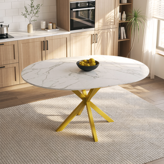 Sunvega Modern Round Dining Table with Marble Top and Adjustable Length