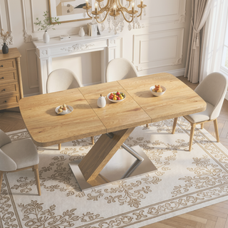 Sunvega Natural Retractable Dining Table with Cross Metal Base Seating 4-6 People