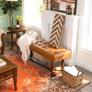 Sunvega Mid-Century Modern Tan Leather Bench with Solid Wood Frame for Living Room