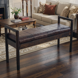 Sunvega Minimalist Solid Wood Gridline Bench with Black Leather Upholstered Frame