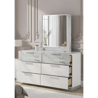 Sunvega White Lacquer Dresser with Six Smooth-Glide Drawers and Marble Accents