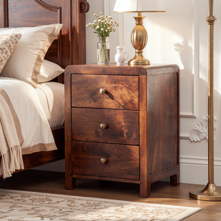 Sunvega Solid Wood California Walnut Naya Bedside with 3 Spacious Drawers and Brass Knobs