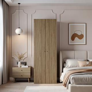 Sunvega 2 Door Armoire with 2 Shelves for Bedroom Storage in Natural Oak White