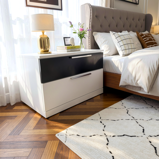Sunvega Modern White and Black Lacquer Finish Bedroom Nightstand with 2 Drawers