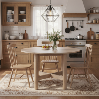 Sunvega Light Brown Round Dining Table with Washed Oak Finish and Adjustable Levelers
