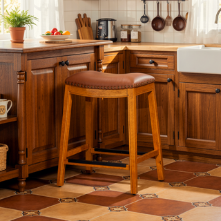 Sunvega Natural Finish Saddle Leather Seat Counter Stool with Footrest and Nail Head Trim