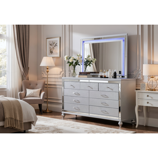 Sunvega Silver Mirror Framed 6-Drawer Dresser with Diamond Accent Handles