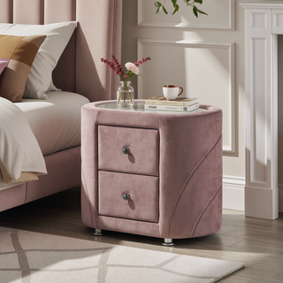 Sunvega Pink Velvet Upholstered Nightstand with Two Drawers and Chrome Metal Legs