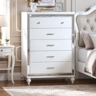 Sunvega Sterling Mirror Framed 5-Drawer Chest in White with Metallic Finish