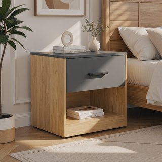 Sunvega Modern Natural Oak and Matt Gray Nightstand with Door and Shelf