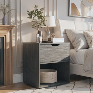 Sunvega Light Gray Nightstand End Table with Drawer and Open Shelf