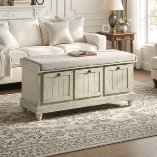 Sunvega Antique White Solid Wood Bench with Lift Top Storage and Cushioned Seat
