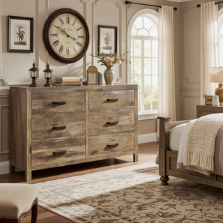 Sunvega Weathered Gray Finish 6 Drawer Dresser Faux Wood Veneer Bedroom Furniture