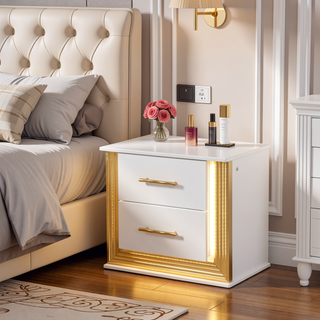 Sunvega Contemporary Gold Finish Nightstand with Two Drawers and LED Lights