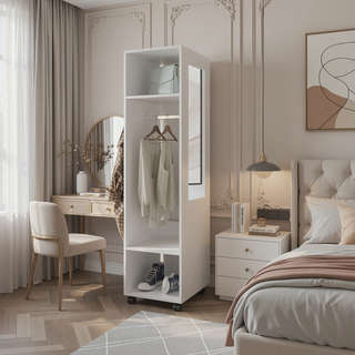 Sunvega White Armoire with Three Shelves Full-Length Mirror and Four Wheels