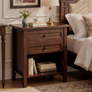 Sunvega Russet Brown Solid Wood Transitional Nightstand with Two Drawers and Shelf