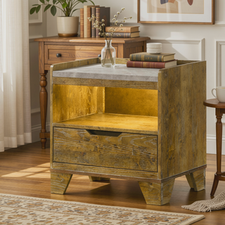 Sunvega Transitional Light Aspen Brown Nightstand with LED Light and USB Ports