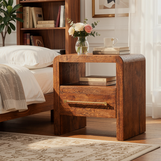 Sunvega Solid Oak Bedside Table with Curved Edge and Single Drawer Shelf