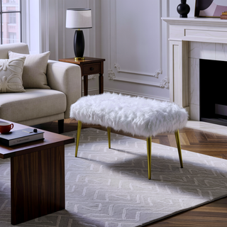 Sunvega White Faux Fur Upholstered Bench with Gleaming Gold Metal Legs