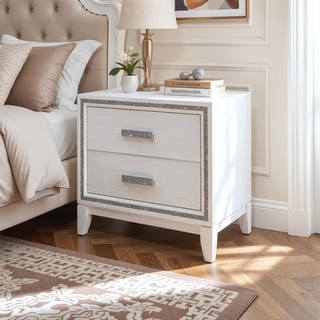 Sunvega White Finish Transitional Glam Nightstand with Spacious 2-Drawer Storage